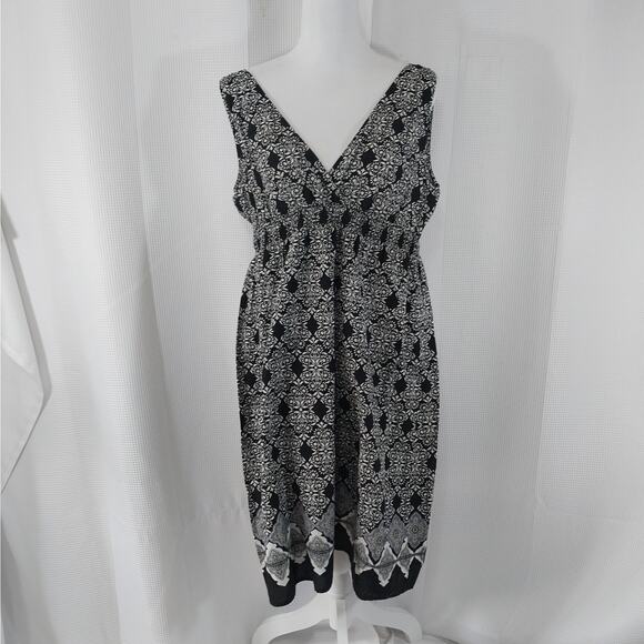 SONOMA! BLACK & WHITE INDIA PRINT COTTON, RUCHED WAIST SUN DRESS! SZ L - Picture 2 of 9